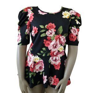 JULIA BY LOVE J Rose Floral Print Peplum Top Womens 2X Plus Size Black Red Pink